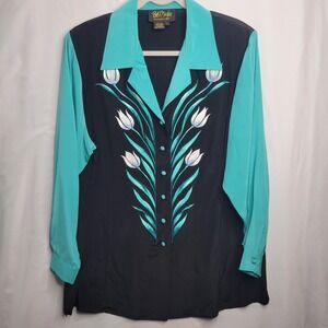 Bob Mackie Wearable Art Silk Button Down Blouse Black Teal Floral L Western